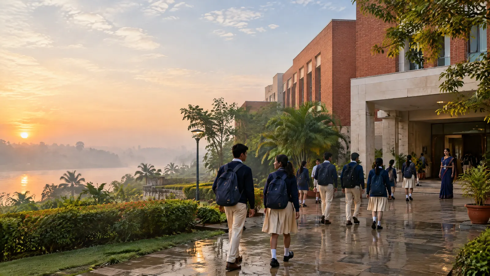 Students walking across the lush West Bengal school campus
