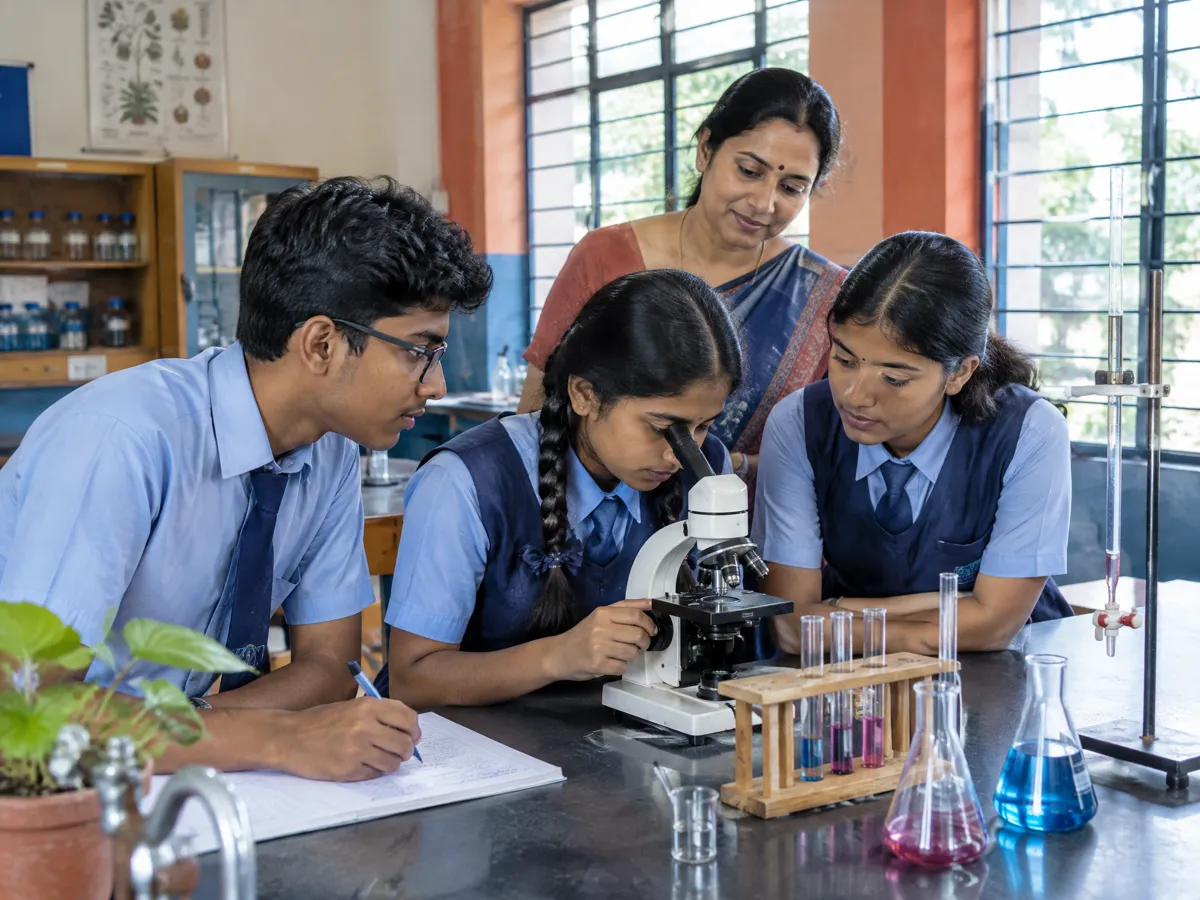 Students collaborating around a microscope in science lab