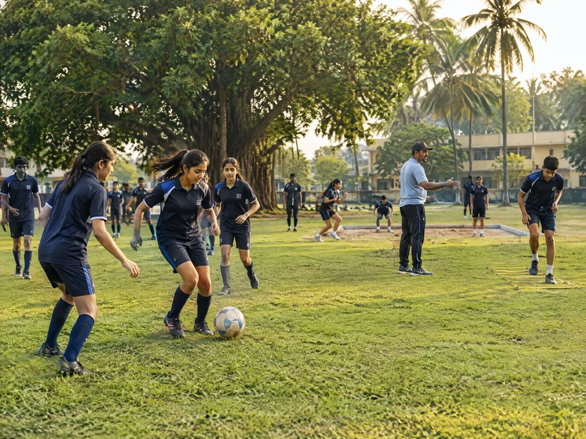 Students practicing athletics with coaches on the campus field